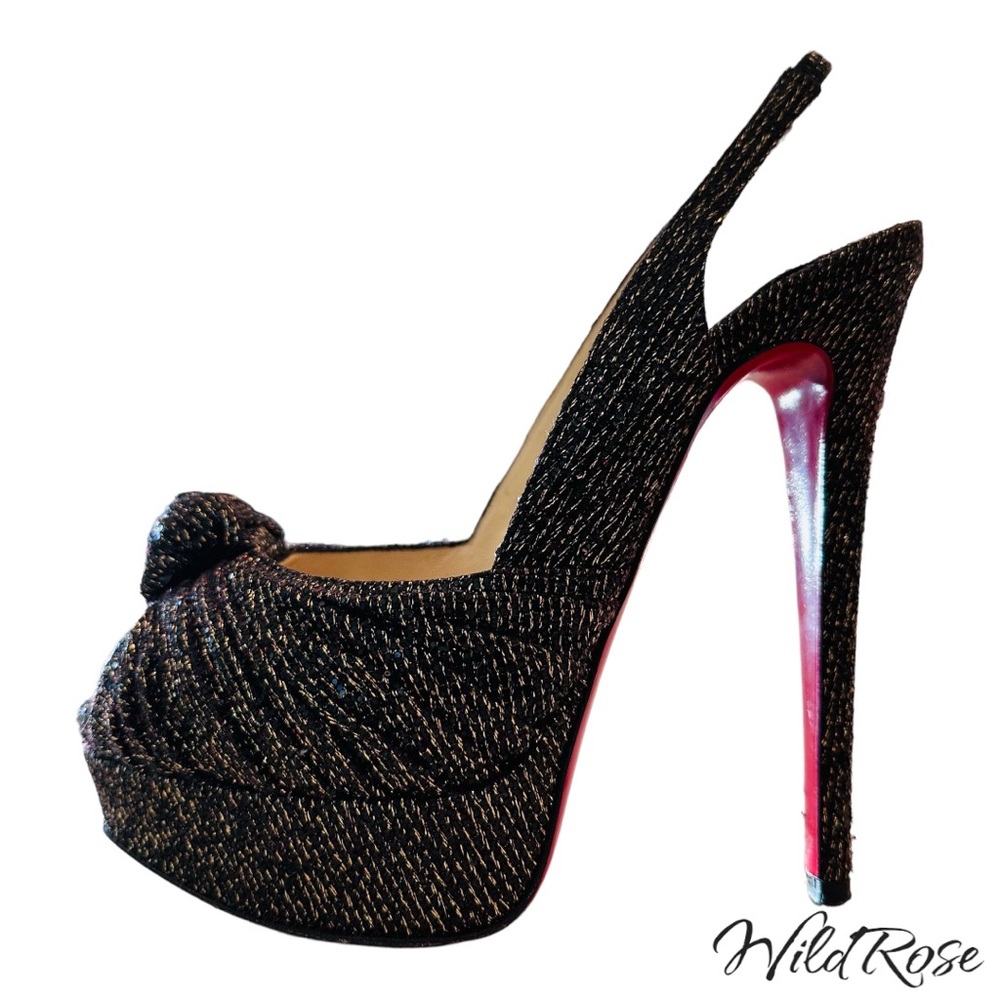 Christian Louboutin Jenny Black/Gold Glitter York Knotted Slingback Pumps 38